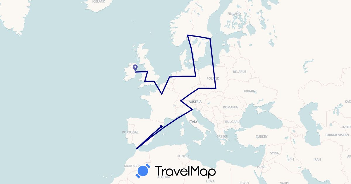 TravelMap itinerary: driving in Switzerland, Czech Republic, Germany, Denmark, Spain, France, United Kingdom, Ireland, Italy, Morocco, Netherlands, Norway, Poland, Sweden (Africa, Europe)