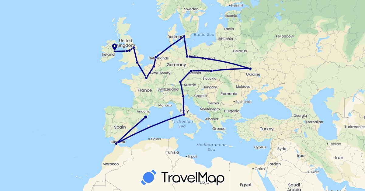 TravelMap itinerary: driving in Belgium, Czech Republic, Germany, Denmark, Spain, France, United Kingdom, Ireland, Italy, Morocco, Netherlands, Poland, Ukraine (Africa, Europe)