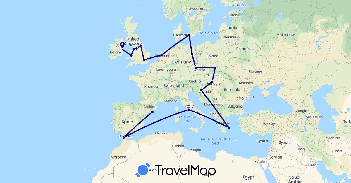 TravelMap itinerary: driving in Czech Republic, Germany, Denmark, Spain, United Kingdom, Greece, Croatia, Hungary, Ireland, Italy, Morocco, Netherlands, Poland (Africa, Europe)